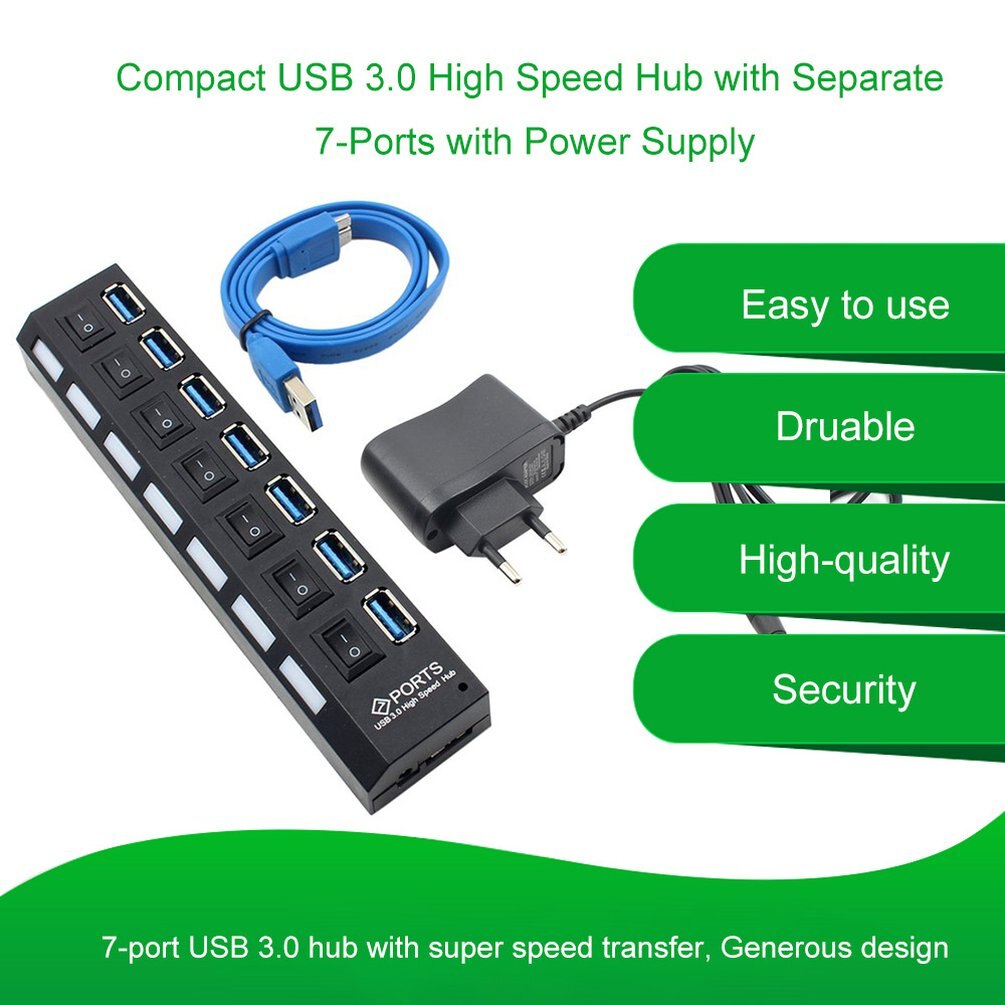 USB 3.0 Hub USB Hub 3.0 Multi USB Splitter 3 Hab Use Power Adapter 7 Port Multiple Expander USB3 Hub with Switch for PC US/EU