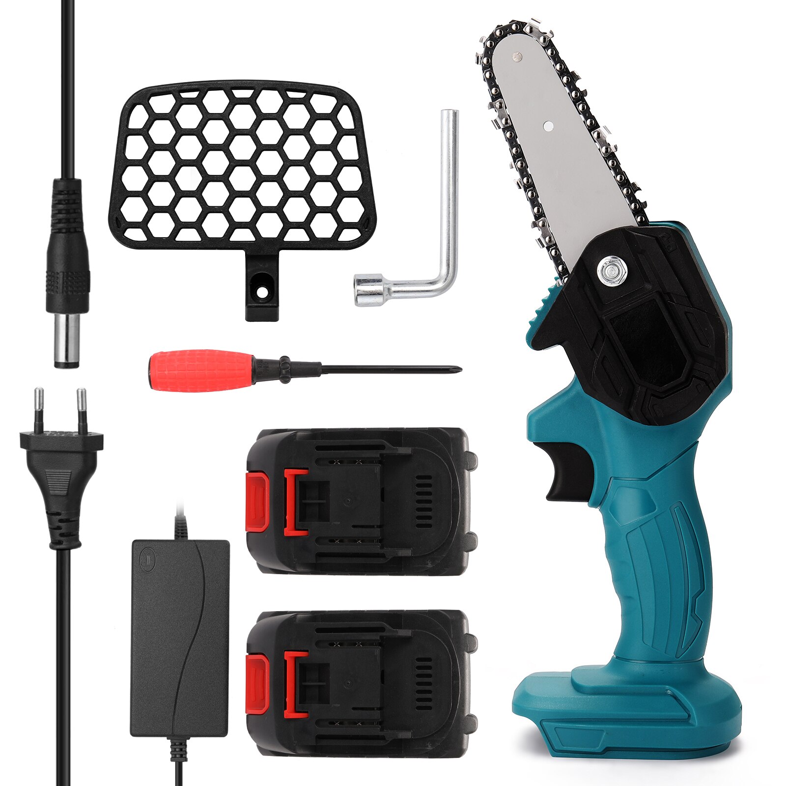 Mini Sierra de poda eléctrica portátil, 21V, pequeña sierra de cadena de empalme de madera recargable, herramienta de carpintería para jardín, huerto, ramas, Clip: 2 Batteries-UK Plug