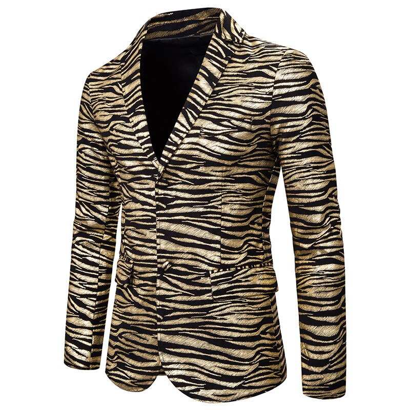 Shenrun herr kavaj slim fit jacka tiger randigt tryck kostym jackor scen sångare värd kostym casual kavaj guld silver