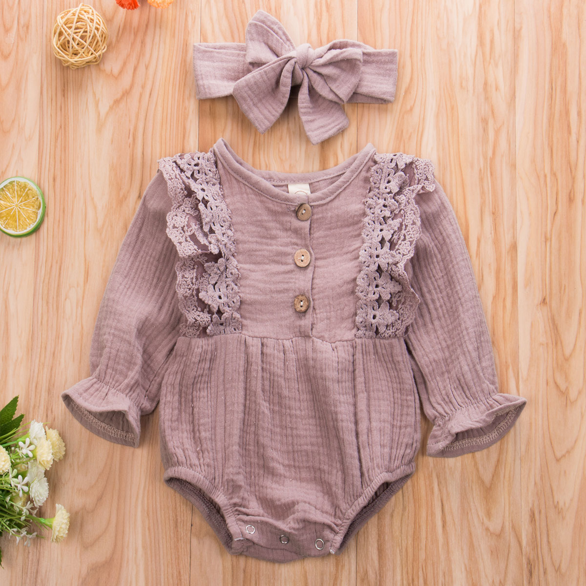 Pudcoco Pasgeboren Baby Meisje Kleding Effen Kleur Kant Ruche Lange Mouw Kinnted Katoen Romper Jumpsuit Hoofdband 2 Stuks Outfits Set