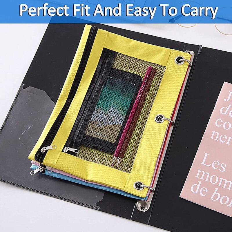 Bolsa para lápices de 3 anillos, bolsa con cremallera, estuche para lápices con doble bolsillo y ventana de malla, 6 paquetes de 6 colores