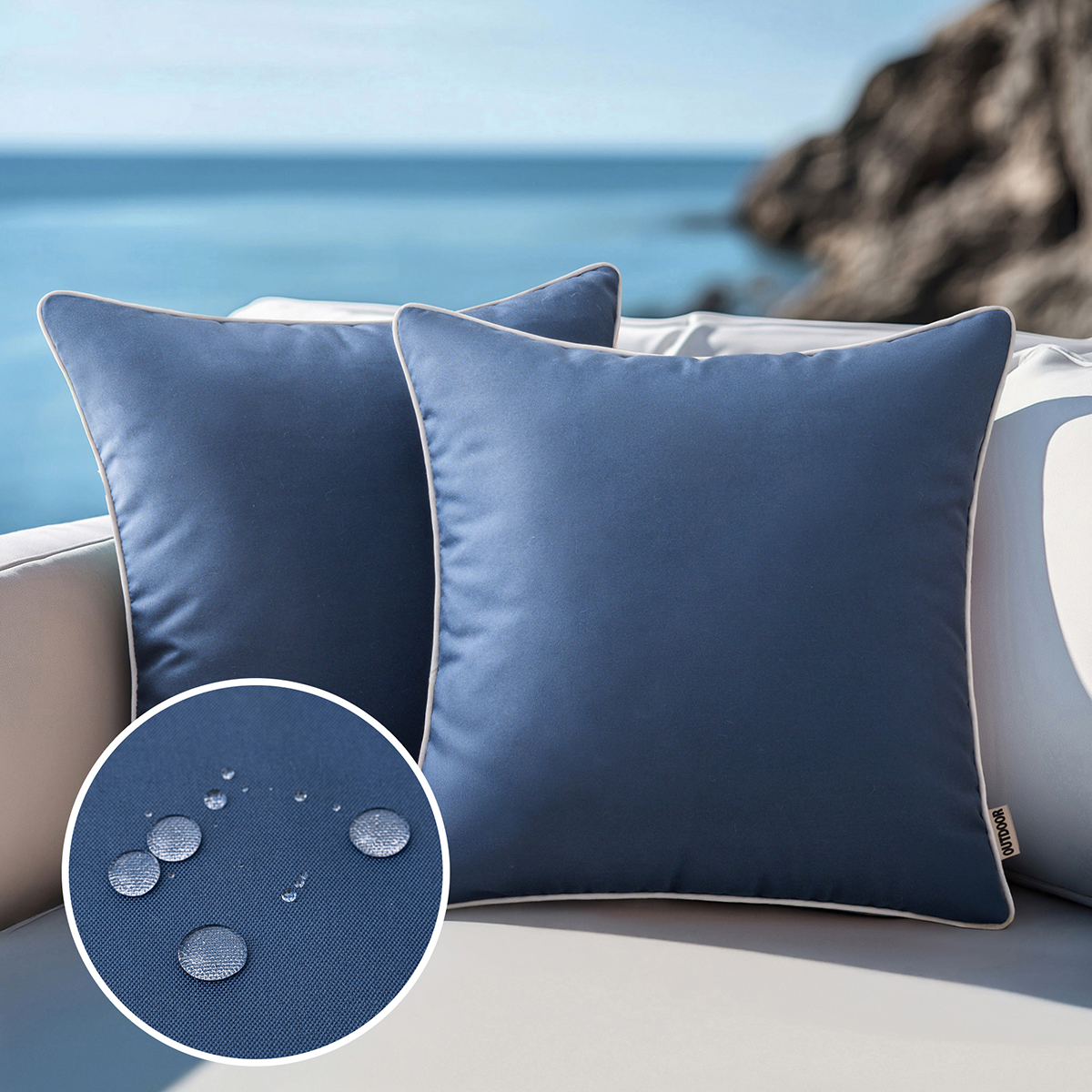 Set of 2 Outdoor Waterproof Pillow Covers 18x18, White Cushion Covers with Solid Piping, Decorative Throw Covers for Patio, Garden, Sofa or Home, No Inserts Included: 600mm*600mm / DEEP BLUE
