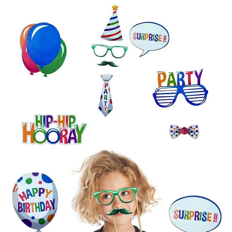 18 Pieces Birthday Photo Booth Props Hats,Glasses,Lips,Mustaches DIY Funny Props Kit for Birthday Party