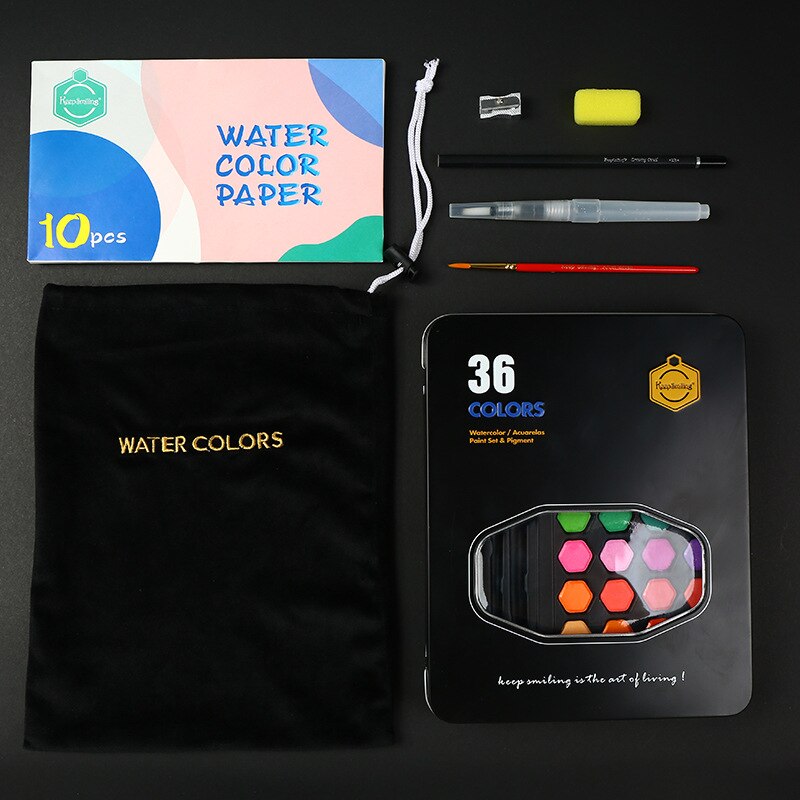 Solide Aquarel Verf Set 36 Kleuren Art Set Met Water Borstel Pen Aquarel Pigment Voor Beginners Tekening Levert: 36 Colors Black