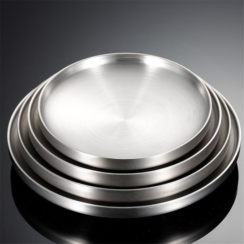 Plato de cena redondo de acero inoxidable grueso, platos de postre occidentales, bandeja de doble capa, mesa de comedor antiquemaduras, decoración del hogar