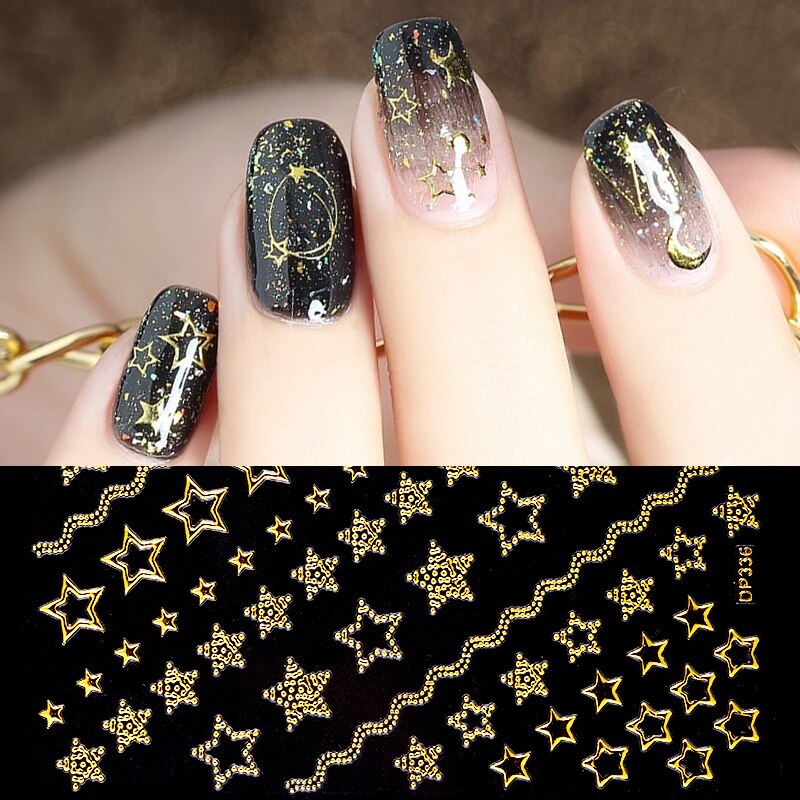 Or métal 3D autocollant à ongles géométrique lune étoile rayures vague ligne modèles Nail Art décalcomanies décoration bricolage accessoires de
