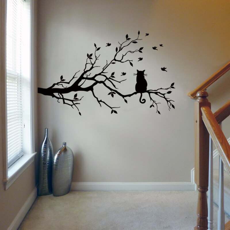 Katze Auf Ast VöGel Wandaufkleber Baum Vinyl Wandtattoo Adesivi Murali Glasfolie Fensteraufkleber Heimat Deko Zauberstab Kunst D503