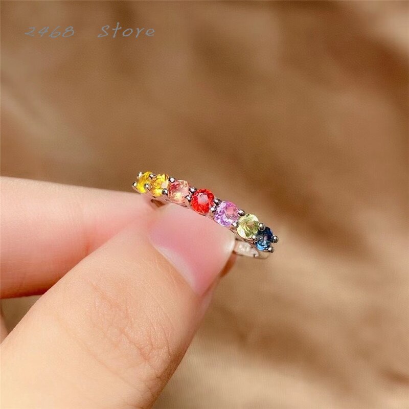 De 925 Zilver Ingelegd Natuurlijke Gekleurde Sapphire Ring, Regenboog Kleur, Prachtige Kleine Rij Ring, modieuze En Veelzijdig