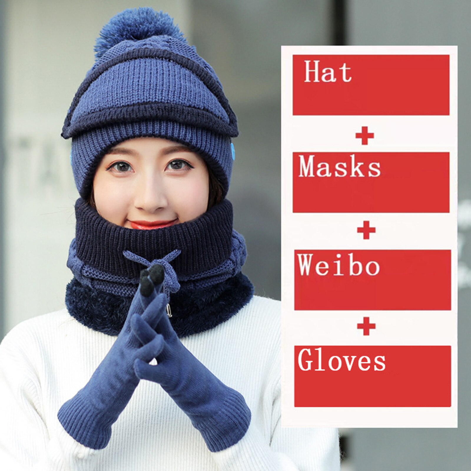 4Pcs Womens Winter Outdoor Warm Set Dames Winter Verdikte Gebreide Muts Sjaal Cover Handschoenen Dames Muts Set