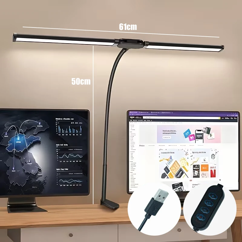 LED-bureaulamp voor thuiskantoor Oogverzorgende monitor Tafellamp met klem Kleurverandering Dimbaar met flexibele zwanenhals Dubbele kop: zwart