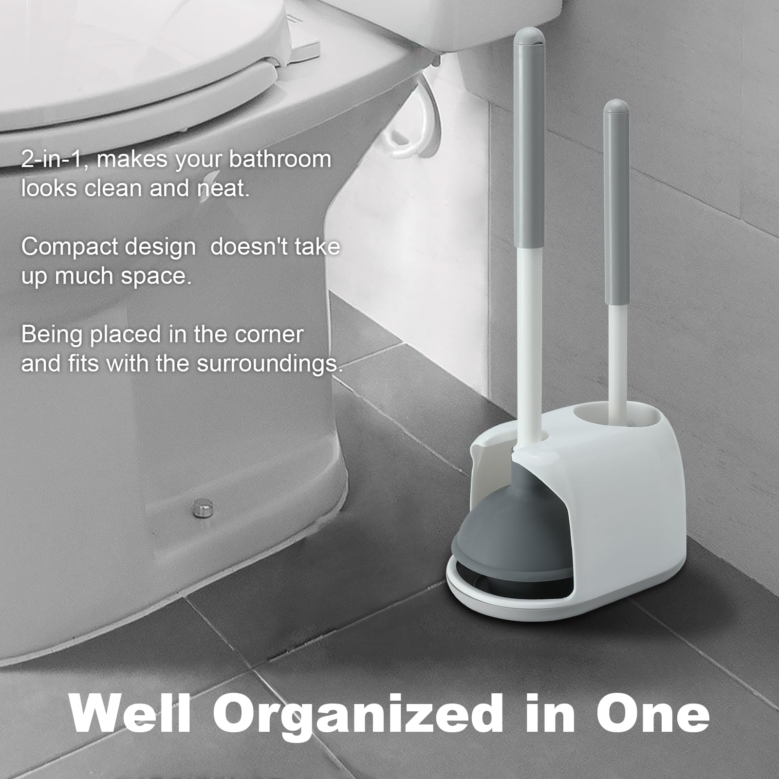 Toiletborstel en ontstopper set , 2 in 1 toiletontstopper voor de badkamer, stevige toiletborstel met houder, verborgen toiletontstopper