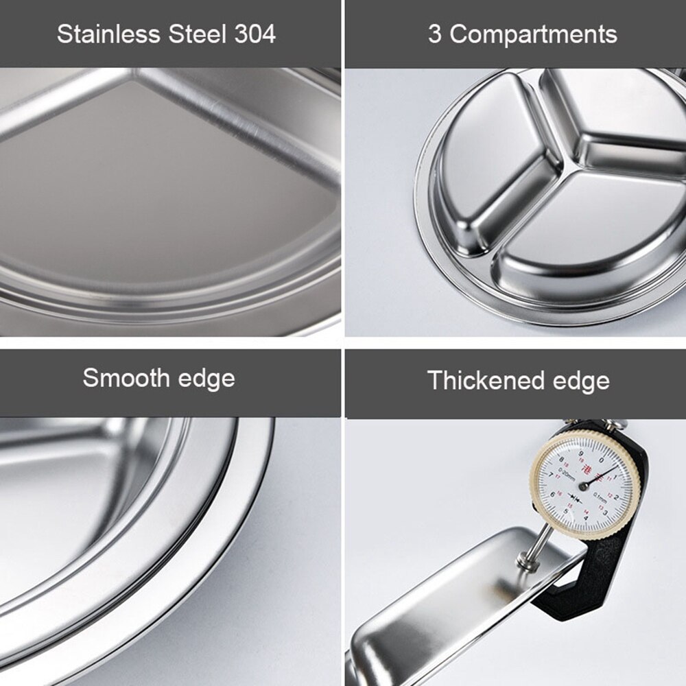 Stainless Steel Round Divided Plates Storage Trays 3 Sections Food Plate Divided Dinner Plate for Kids, Camping, Lunch, Dinner