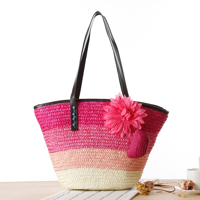 Décontracté fleur rotin femmes sacs à bandoulière en osier tissé sacs à main été plage paille sac bali grand fourre-tout voyage sac à main composit sac: rose red
