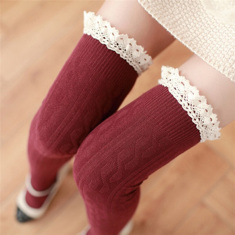 Helisopus dames kanten kousen kniekousen dijhoge katoenen kousen dames herfst winter kerst gebreide kousen: Wijnrood