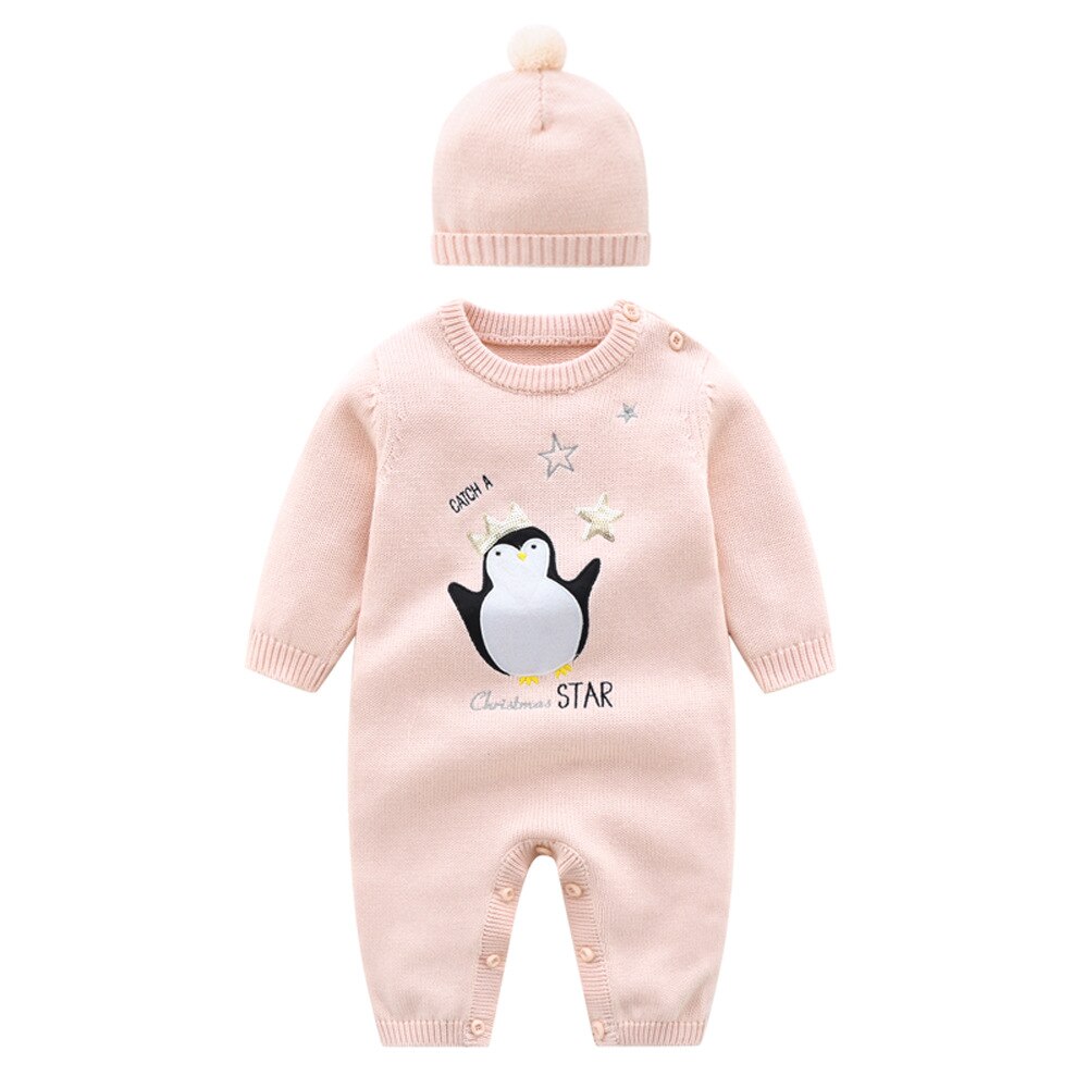 Winter Pasgeboren Baby Kleding Lange Mouwen Cartoon Borduren Pinguïn Roze Wollen Gebreide Trui Baby Boy Meisje Romper En Hoed Set: 18-24M