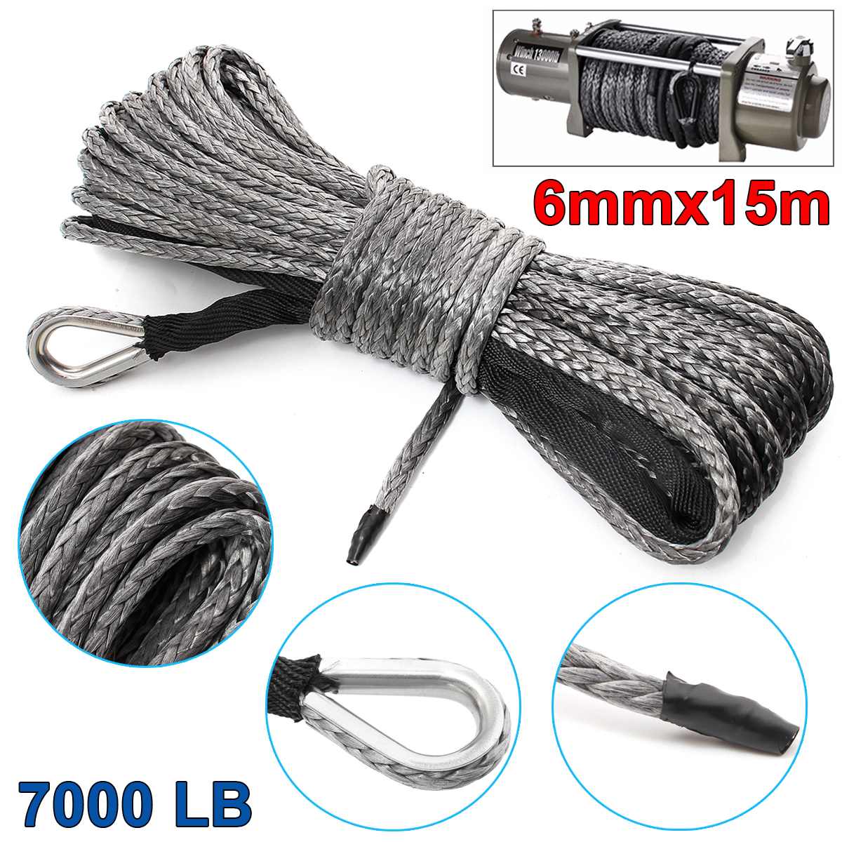 1/4" x 50' Synthetic Fiber Winch Line Cable Rope 7000 LBs + Sheath For ATV UTV 6mm*15m Synthetic