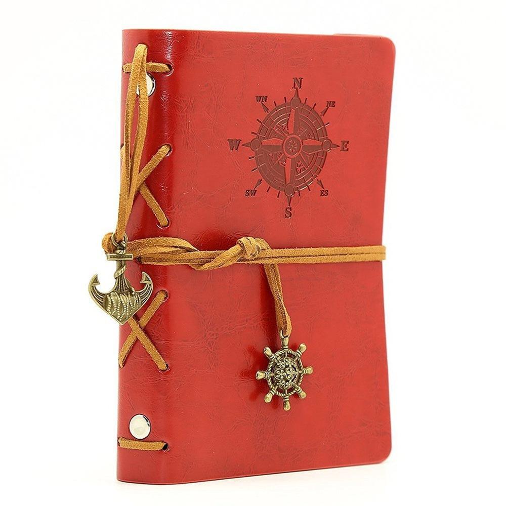 Vintage journal book travelers notebook A5 leather kraft paper sketchbook diary blank note book 6 ring binder string nautical: red