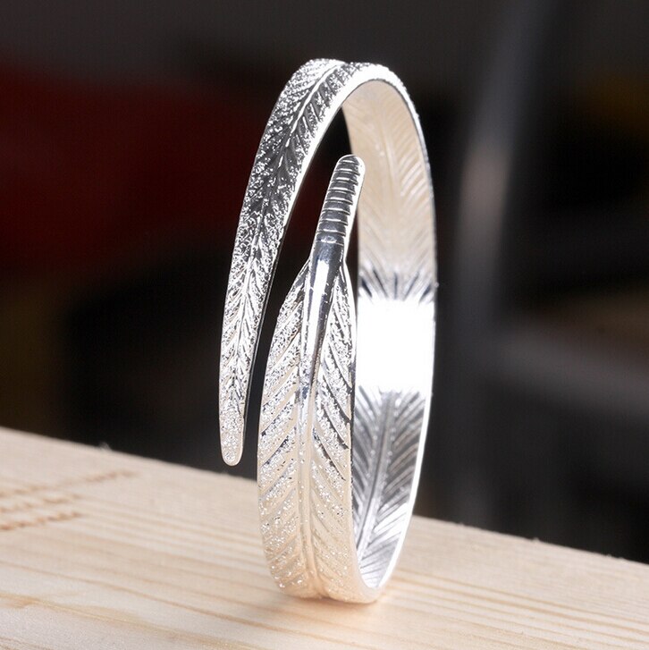 Anenjery Unieke Vrouwen 925 Sterling Silver Leaf Bangles Open Manchet Armbanden & Bangles Sieraden Pulseras S-B13