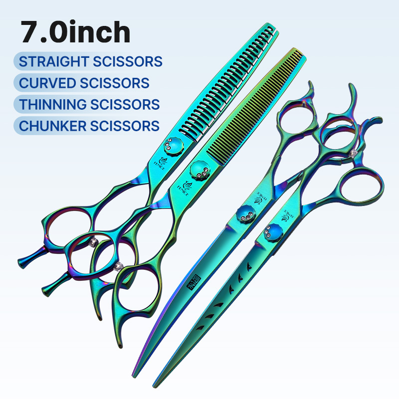 Fenice 7.0/7.5 inch JP440C Green Pet Grooming Scissors Shears Cutting&Curved&Thinner Set Kit for Dog Trimming Tools