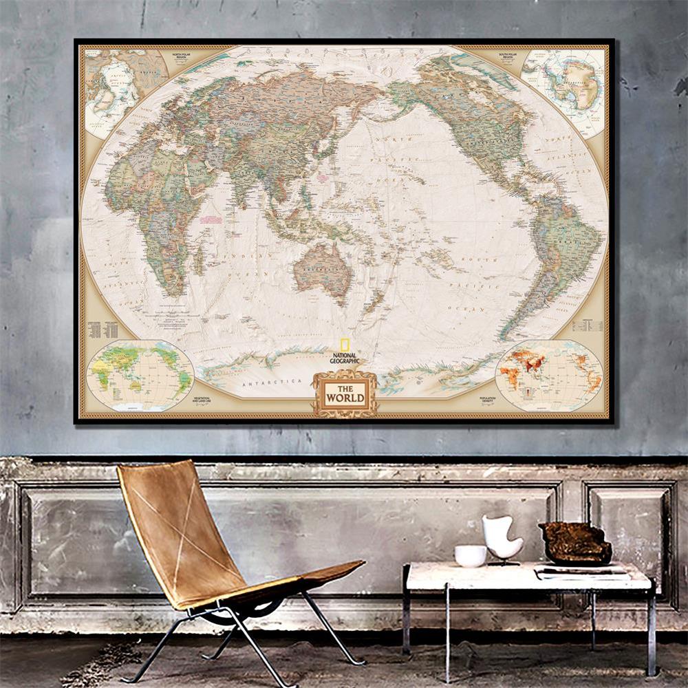 150 x 225cm klassisk verdenskort non-woven kort med vigtige byer i hvert land til rejser og tur