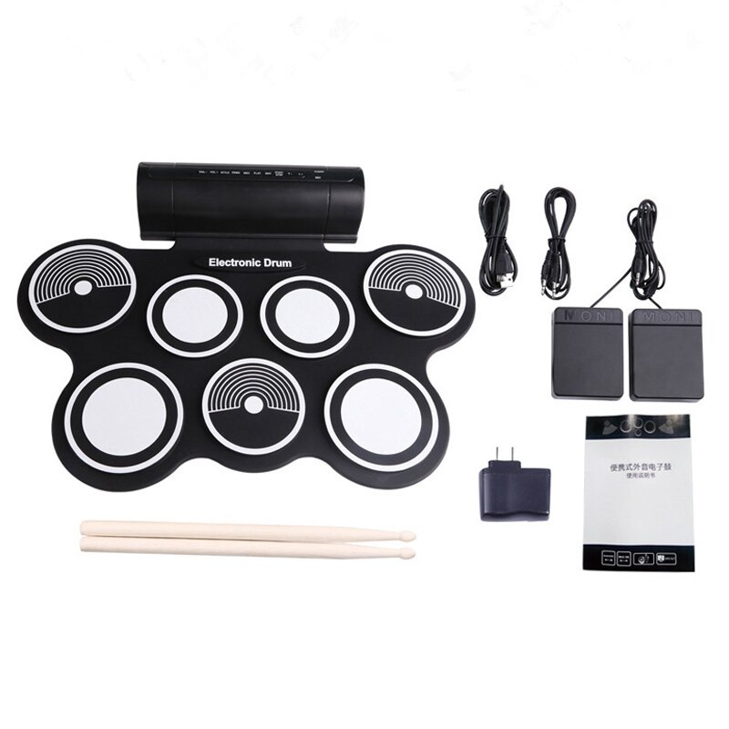 Electronic Drum Kit 7 Pad Digital Drum Portable Hand-Rolled Drum Set Press Sensitivity Double Horn Instrument /US Plug