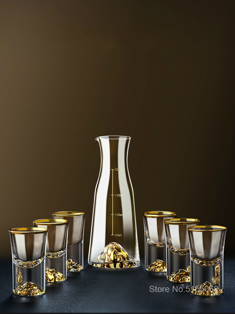 Top Grade Golden Mountain Liquor Shot Glass Wine Decanter Crystal Vodka White Spirit Gold Foil Dispenser Small Cups Wineglass