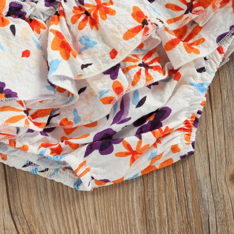 Baby Meisje Zomer Rompertjes Set Peuter Ruches Mouwloze Jumpsuit En Bloemenprint Shorts Hoofdband