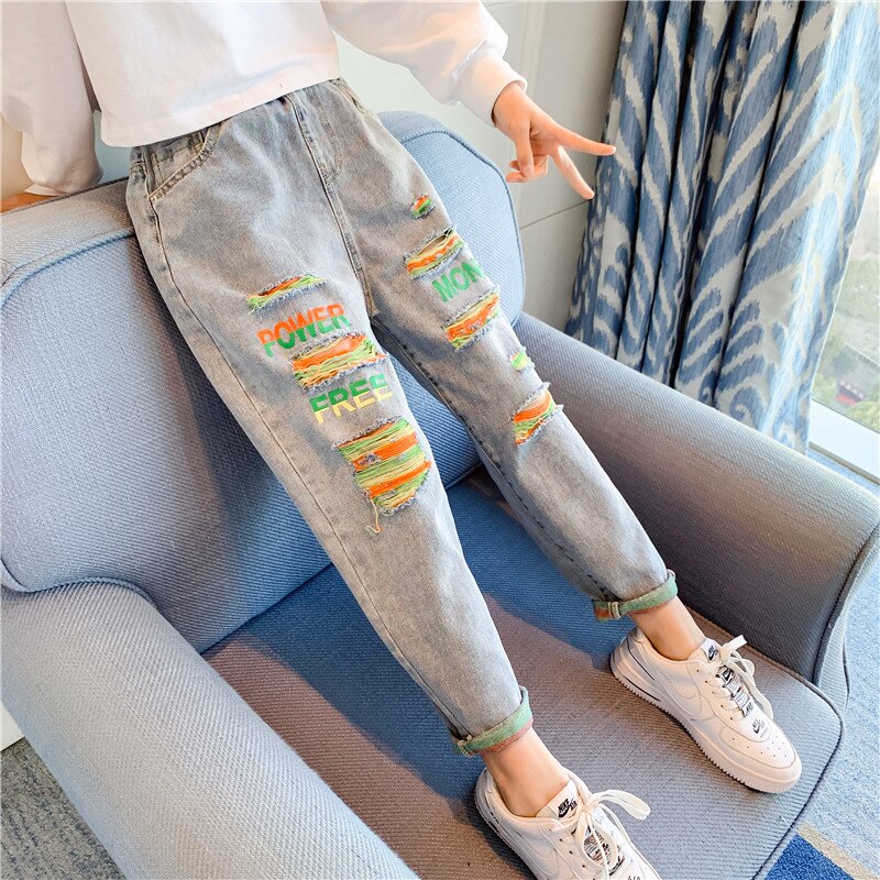 Pantalones vaqueros rasgados para niña, ropa de para niño y adolescente de 4, 6, 7, 9, 10, 12 años, azul, para estudiante
