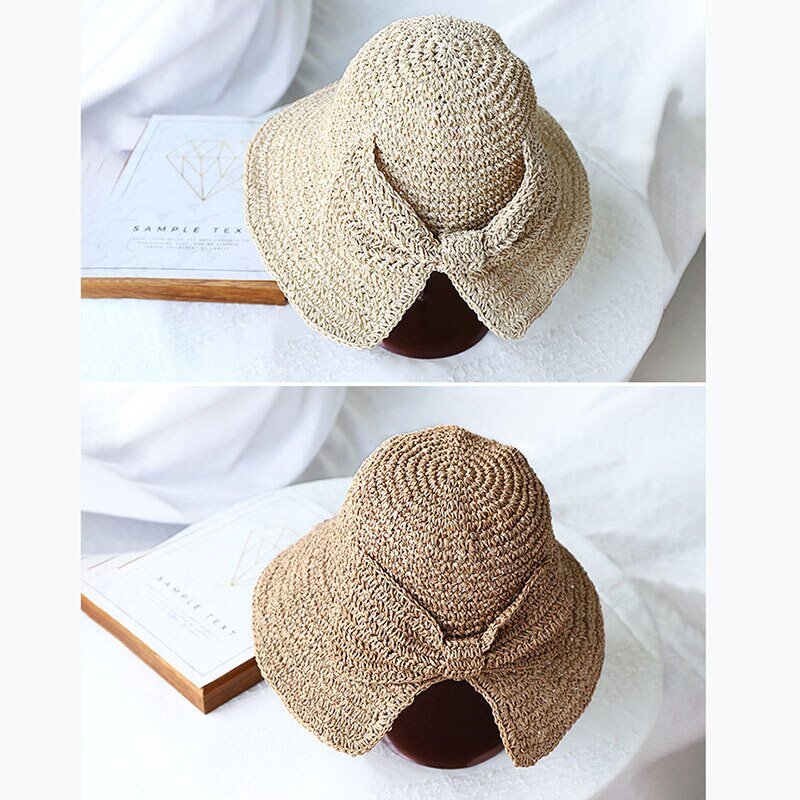 Handgemaakte 100% Raffia Boog Zonnehoed Brede Rand Floppy Zomer Hoeden Voor Vrouwen Beach Panama Stro Koepel Emmer Hoed femme Schaduw Hoed