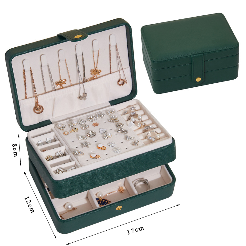 Caja de joyería de viaje portátil, cajas S/M/L, organizador de joyas de 3 capas, caja de joyería con botón, almacenamiento de cuero, Joyeroe para joyeros: Negro
