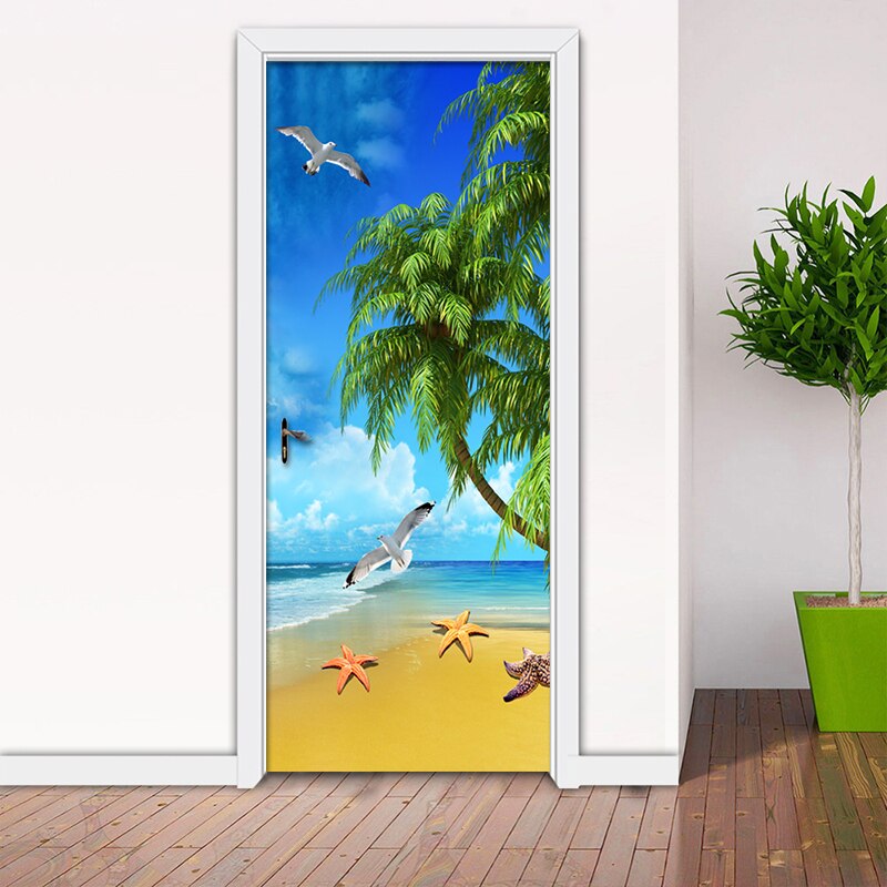 PVC Self-Adhesive Waterproof Door Sticker Seaside Beach Landscape Wallpaper 3D Wall Mural Home Decor Door Decals Vinyl Stickers