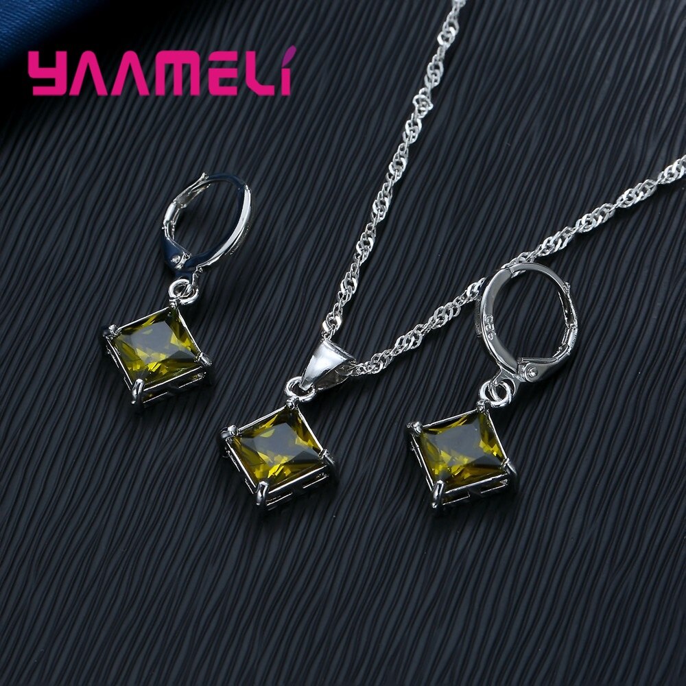 Authentieke 925 Sterling Zilveren Glanzende Cz Geometrische Klassieke Vierkante Huggie Oorbellen Ketting Sets Voor Vrouwen Fijne Sieraden