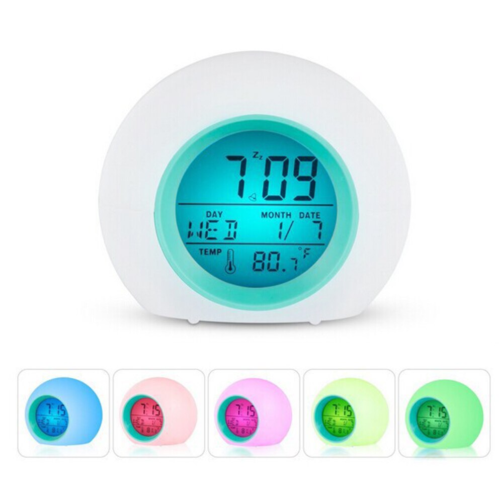 Kids Cute Cartoon Alarm Clock 7 Colors Changing Night Light LED Digital Alarm Clocks Student Desk Clock With Thermometer: Blue