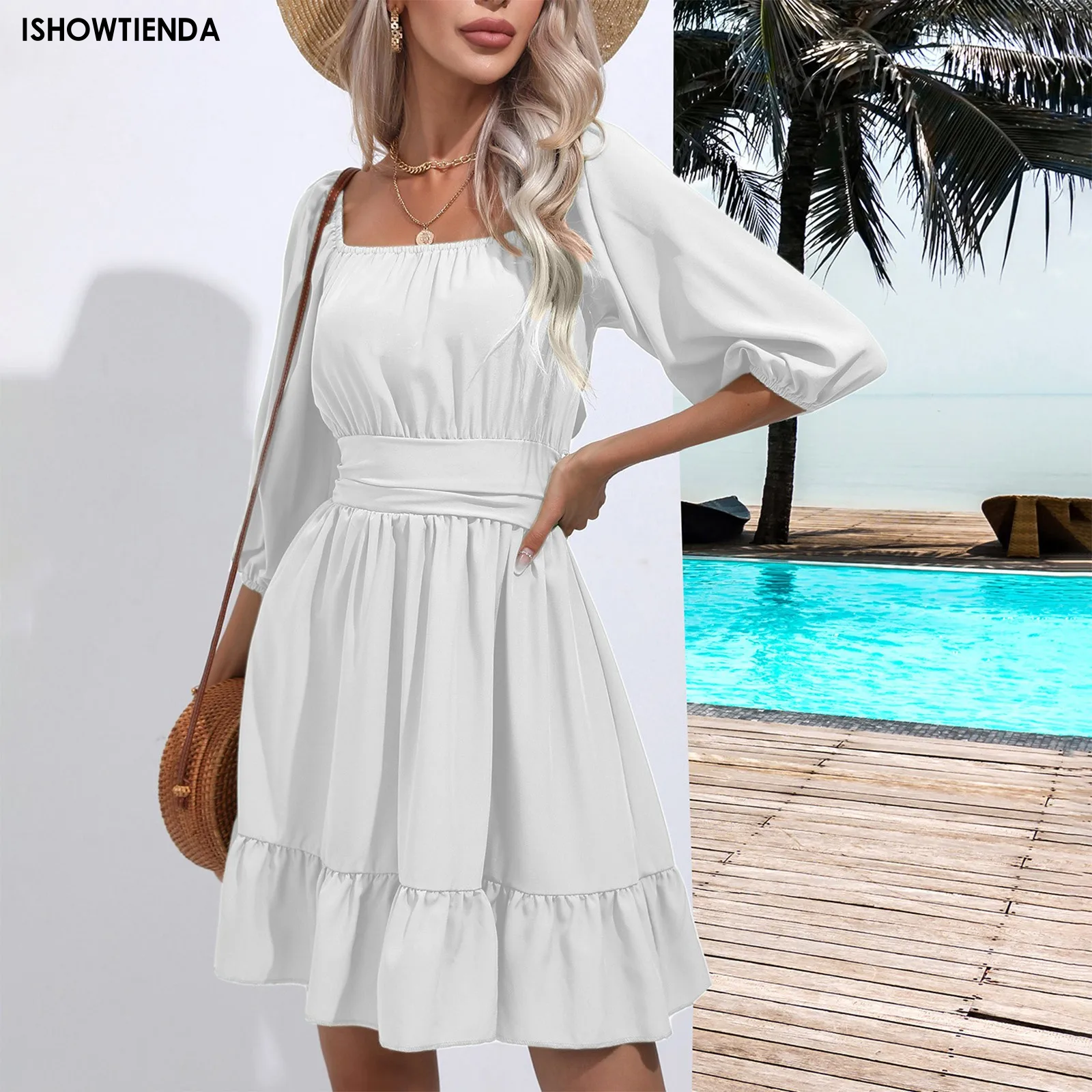 Summer Women Dresses Square Collar Bohemian Ruffles Elastic Above Knee Mini Dress Half Sleeves Vintage Gothic Dress Vestidos