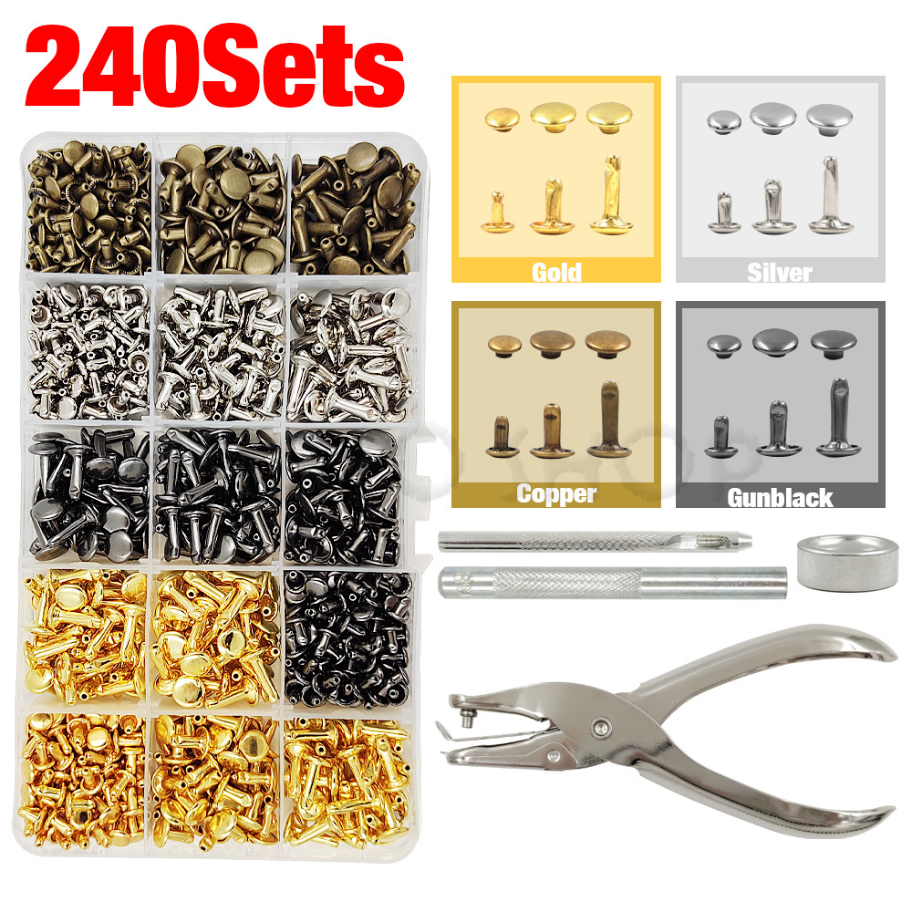 Metal Double Cap Rivets Stud Round Nail Spike With Tool Kits For Leathercraft Repair Shoes Bag Belt Clothing Garment Accessories: Brass