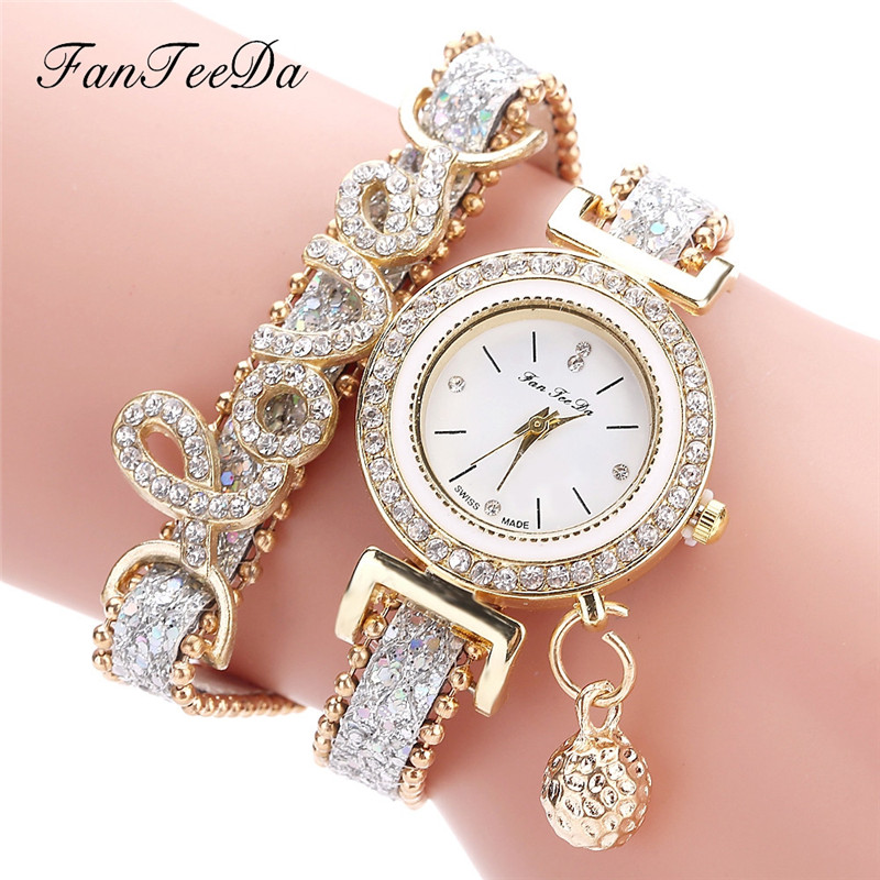 FanTeeDa Brand Luxe Vrouwen Horloge Horloges Liefde Woord Lederen Band Dames Armband Horloge Casual Quartz Horloge Klok: Zilver