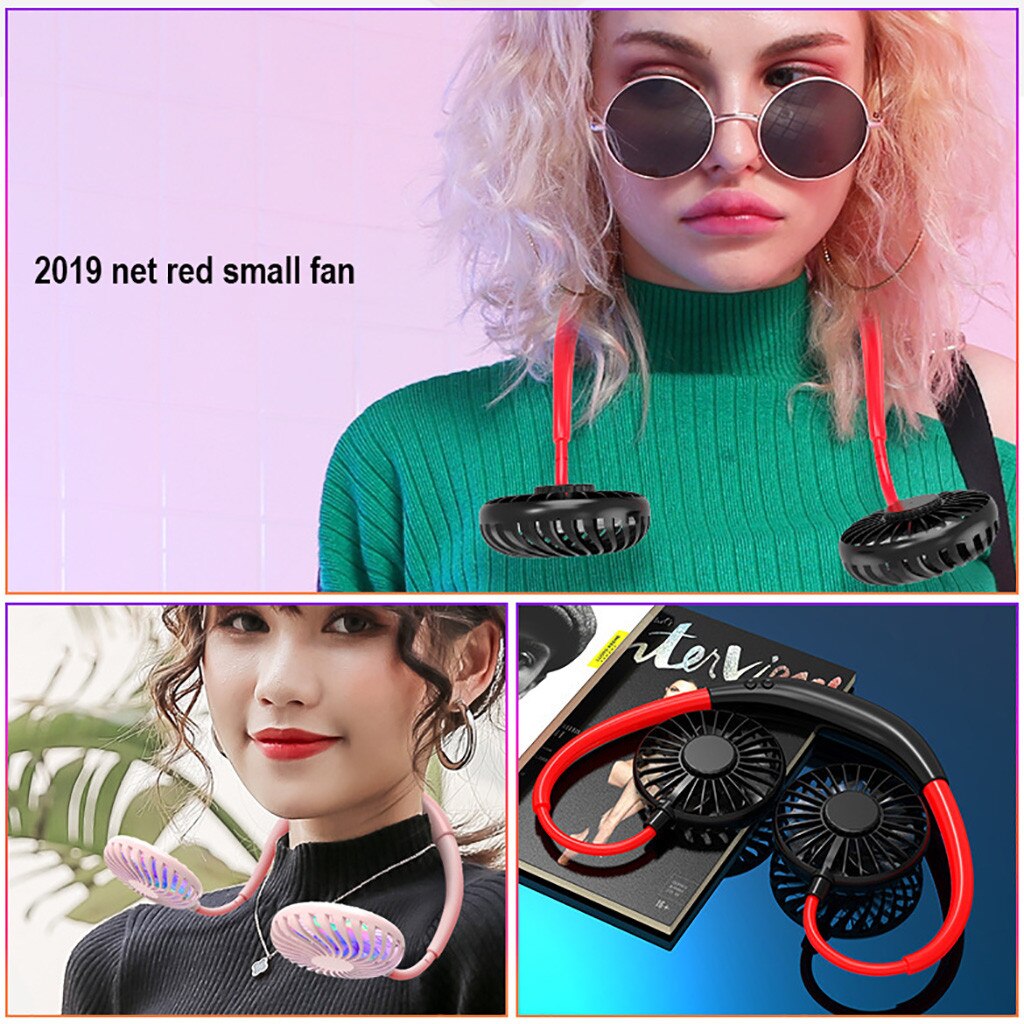 Elektrische Ventilator Usb Led Licht Oplaadbare Nekband Lui Hals Opknoping Stijl Dual Koelventilator Little Hand Fans Ventilateur Draagbare