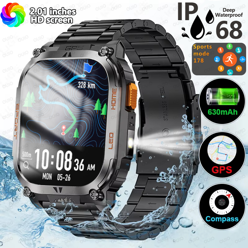 Smartwatch z wbudowanym GPS, wodoodporny IP68, bateria 630 mAh, kompas, barometryczny wysokościomierz, odtwarzanie muzyki Bluetooth, sterowanie głosowe AI, połączenia BT.
