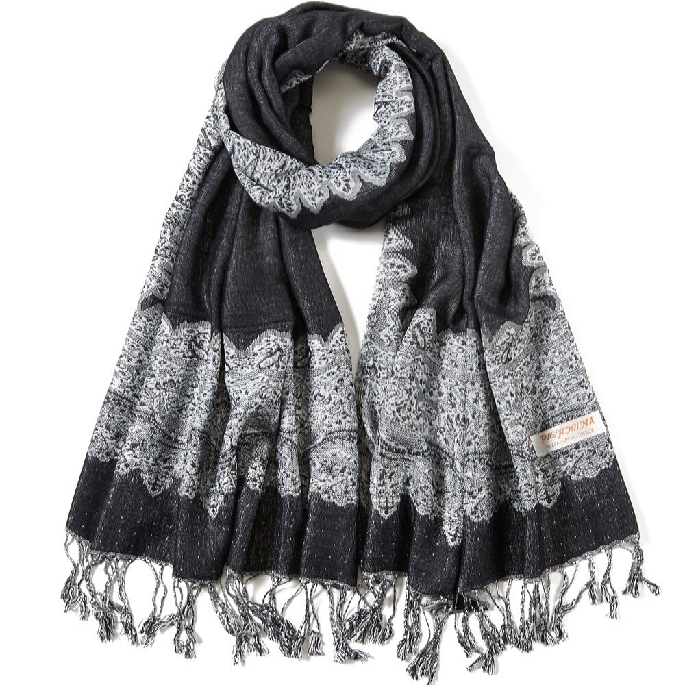 Paisley pashmina silke bomuld blandet luksus tørklæde sjal cap stjal jacquard hoved tørklæder kvast lang stor tynd klassisk: Sort hvid