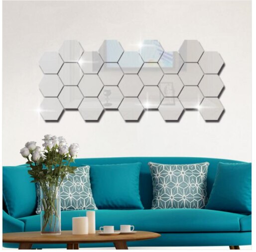 Tree Acrylic Mirror Wall Stickers Living Room Decals Hall Modern Art Decor Hexagonal Room Decoration: 12pcs