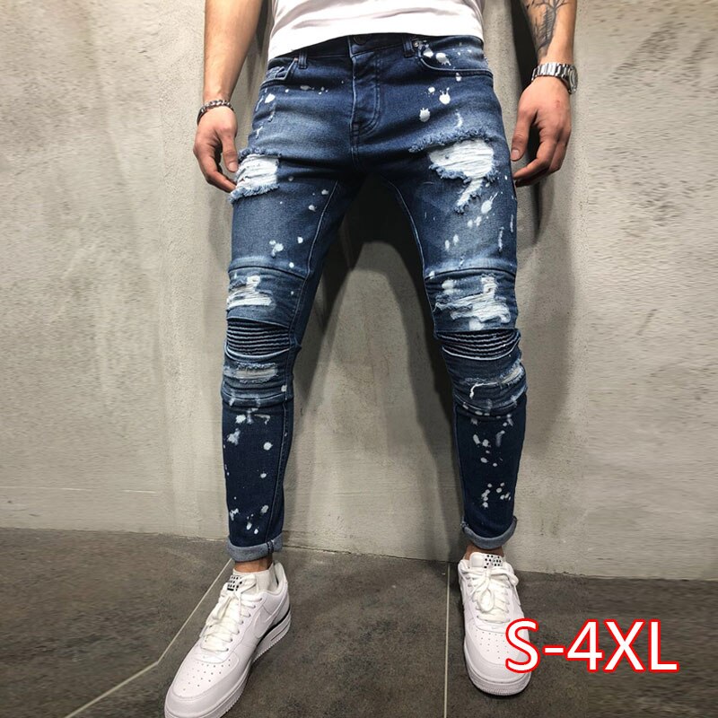 Men's Painted Skinny Slim Fit Straight Ripped Distressed Pleated Knee Patch Denim Pants Stretch Jeans