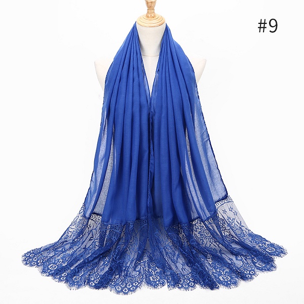 Two Sides Floral Lace Hijabs Viscose Head Scarves Muslim Womens Plain Maxi Muffler Cotton Arab Shawl Tudung Turban 1PC: 9 loyal blue