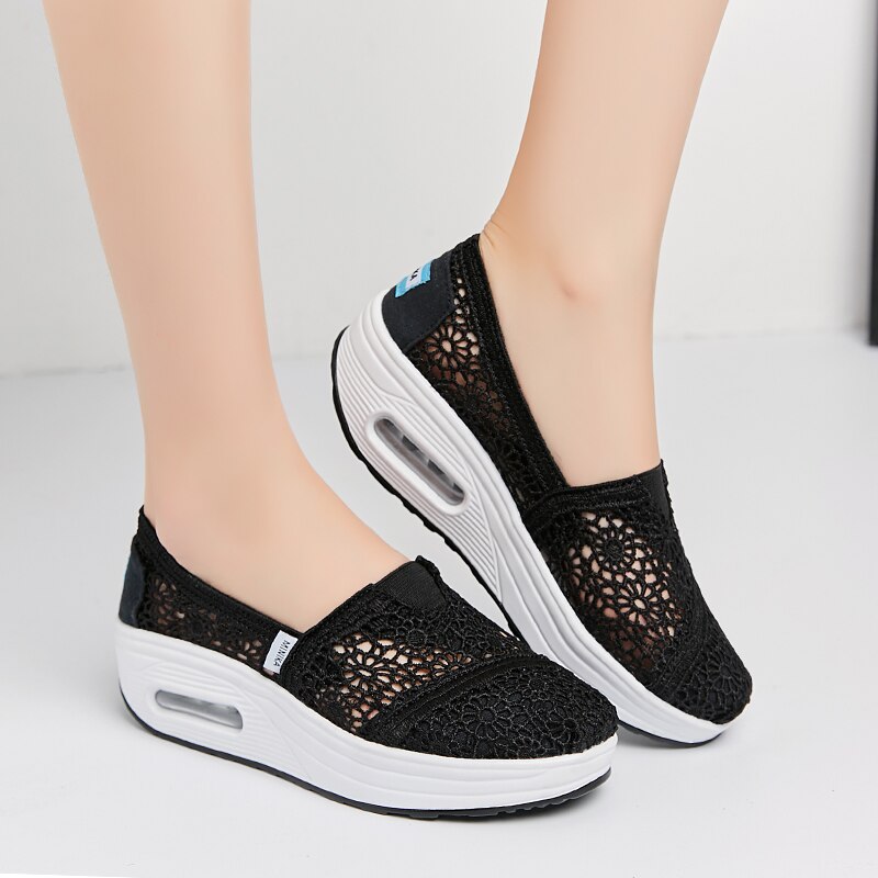 Summer Hollow Out Women's Fitness Shoes Platforms Slip On Breathable Mesh Cushioning Travel Walking Toning Shoes Wedges