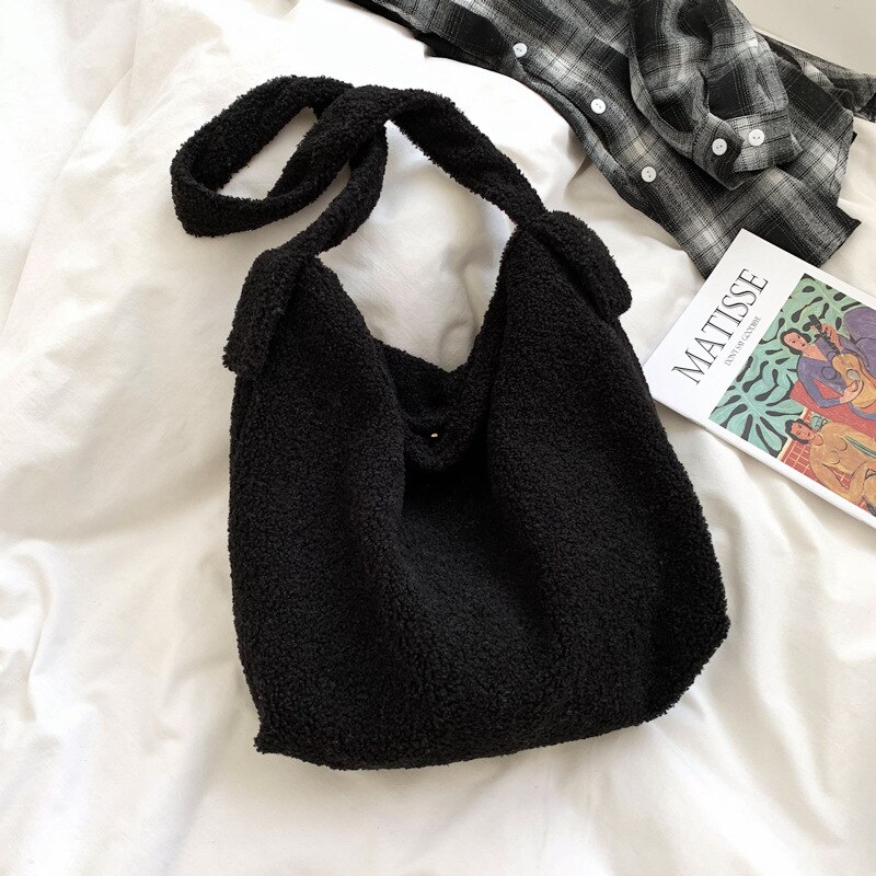 Lamb Wool Plush Women Shopper Bag Large Fluffy Soft Girl Students Shoulder Crossbody Bags for Lady Female Handbags: Black