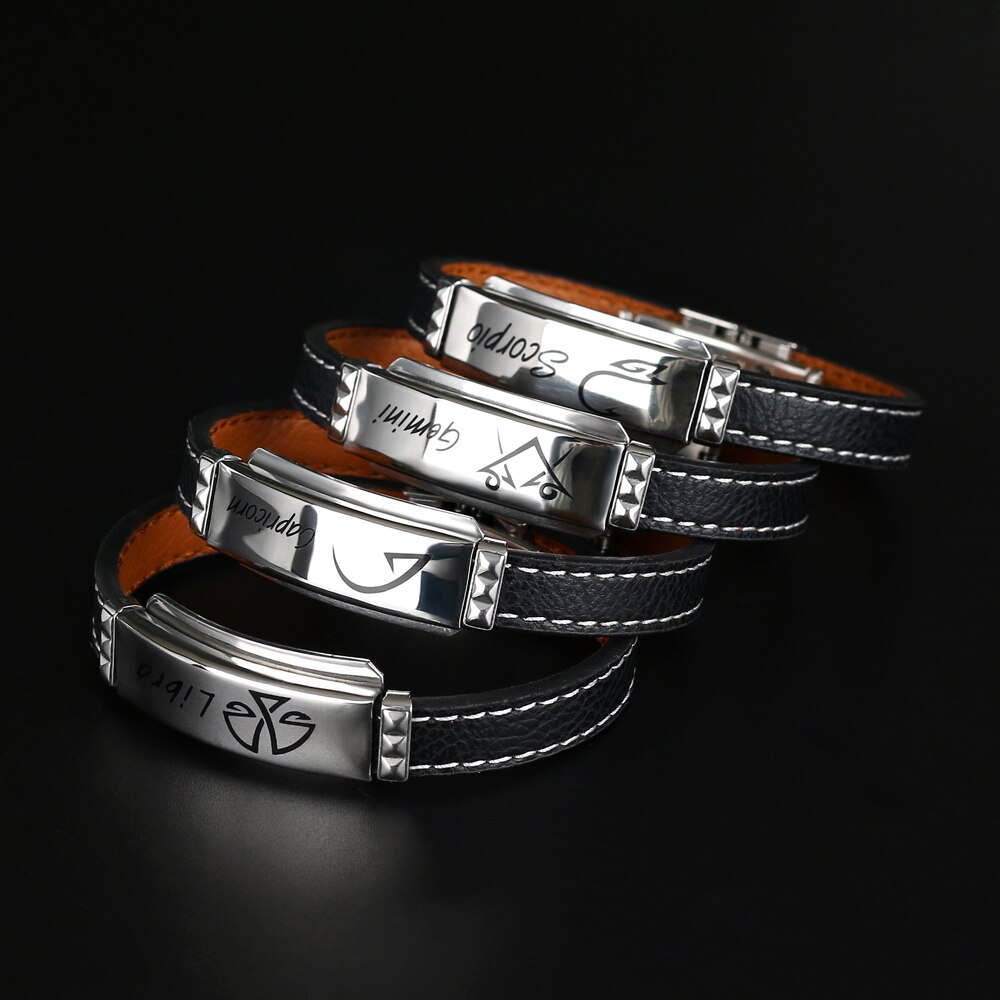 Pulsera de acero inoxidable con 12 Constelaciones para hombre, joyería de , Charm, cuero negro, signos del zodiaco informales, Punk,