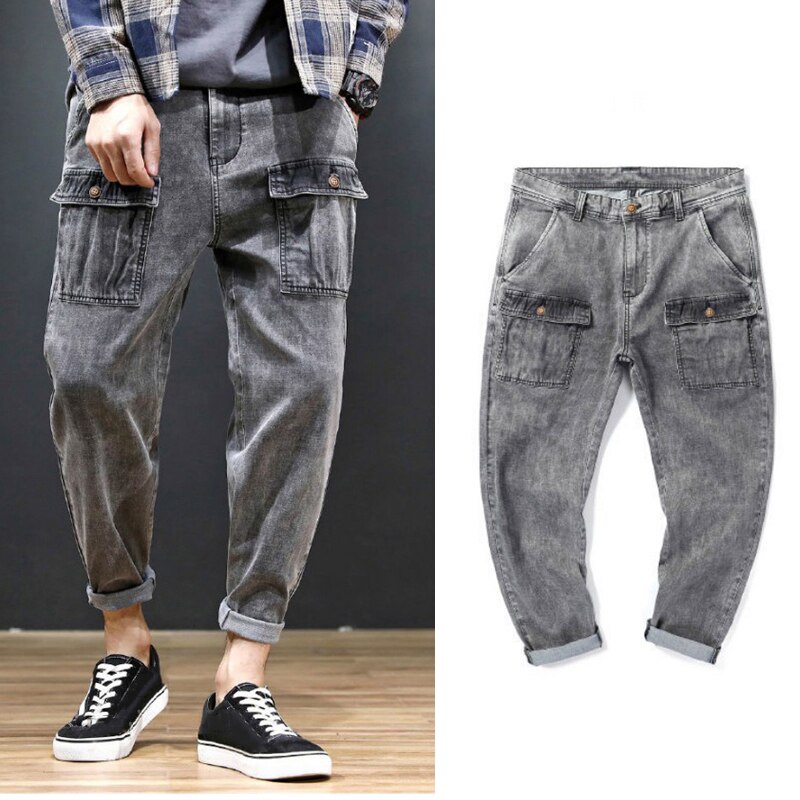 High Stretch Harem Jeans Men Plus Size Style Multi-pocket Cargo Pants Outdoor Loose Gray Washed Trouser