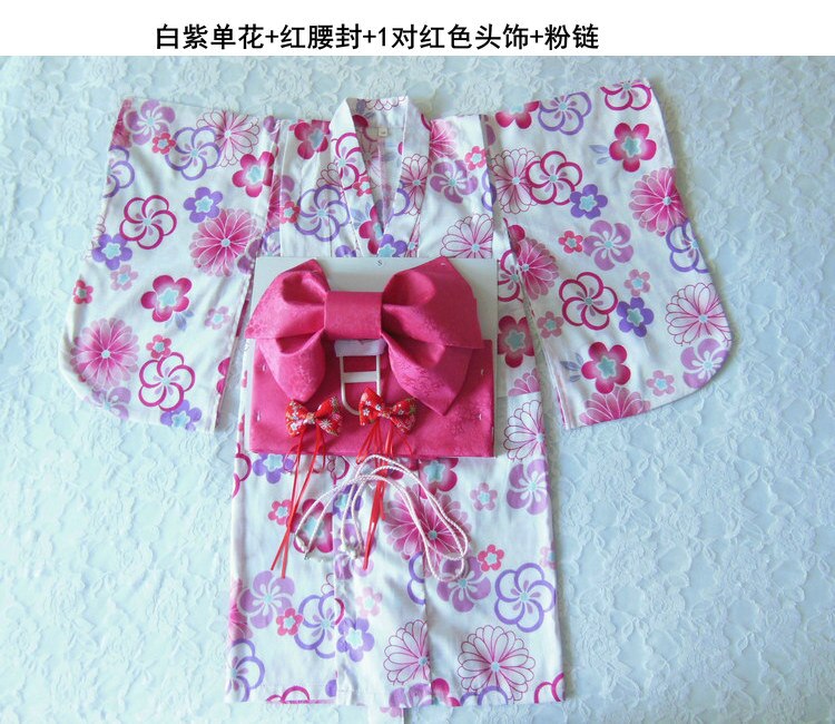 japanese traditional cotton Cosplay Kimono kawaii japan yukata kimono girl flowers kimono dress with obi: color3 / 7T