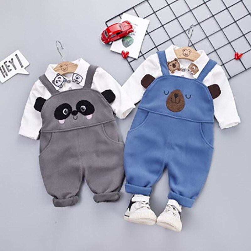 Baby Children's Bib Pants Embroidered Bear And Panda Cotton Cute Long Sleeve Suit Child Spring Autumn Kids Clothes
