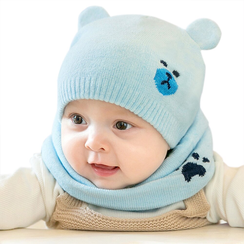 Baby Winter Caps Scarf Suits Warm Knitted Beanie Cap Cute Cartoon Bear Beanie KS: Blue