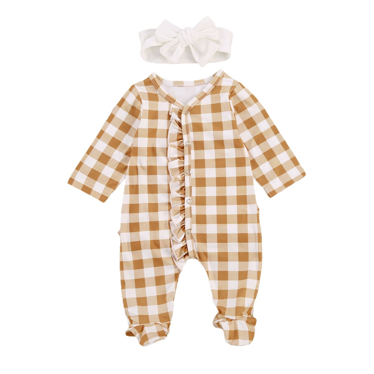 Infant Kids Baby Girls Boys Plaid Footies Long Sleeve Ruffled Jumpsuits Spring Autumn Clothing With Headband 2Pcs 0-12M